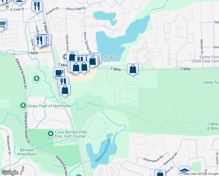 map of restaurants, bars, coffee shops, grocery stores, and more near 18777 Innsbrook Drive in Northville