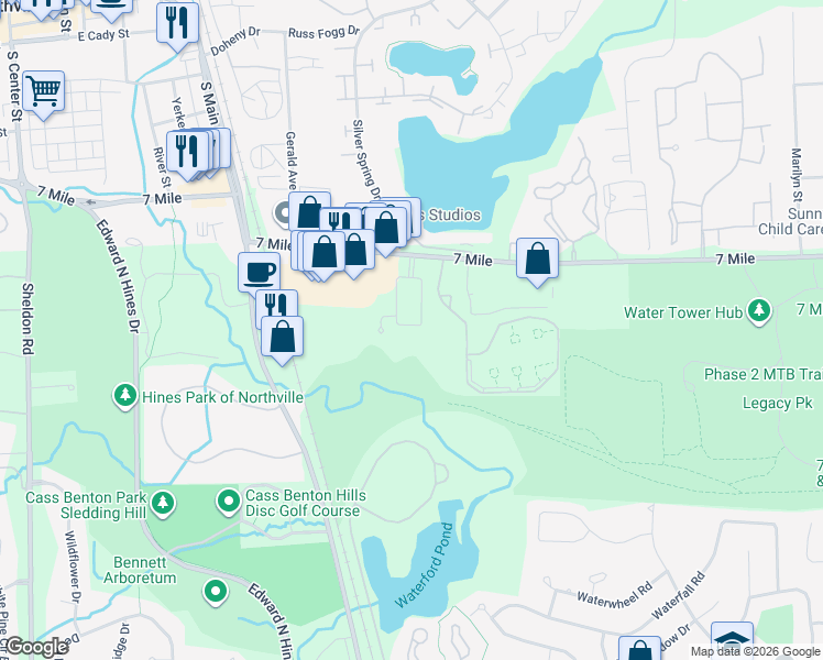 map of restaurants, bars, coffee shops, grocery stores, and more near 19015 Denali Circle in Northville