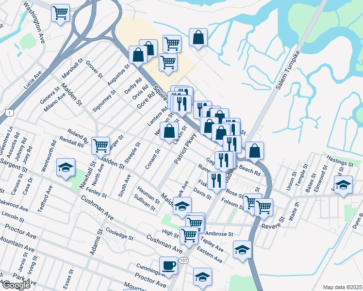 map of restaurants, bars, coffee shops, grocery stores, and more near 104 Patriot Parkway in Revere