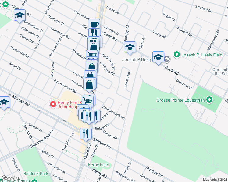 map of restaurants, bars, coffee shops, grocery stores, and more near 474 Bournemouth Circle in Grosse Pointe Farms