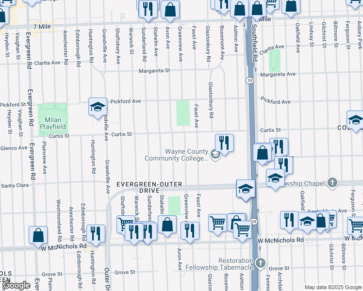 map of restaurants, bars, coffee shops, grocery stores, and more near 17662 Avon Avenue in Detroit