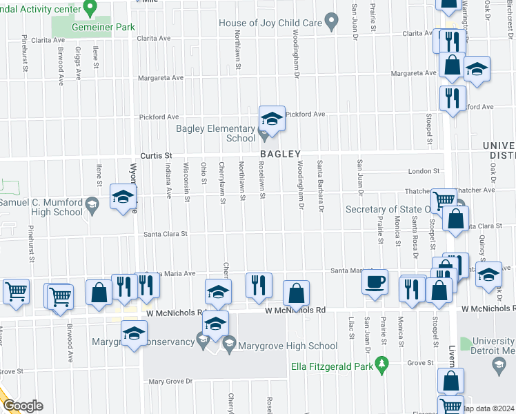 map of restaurants, bars, coffee shops, grocery stores, and more near 17575 Roselawn Street in Detroit