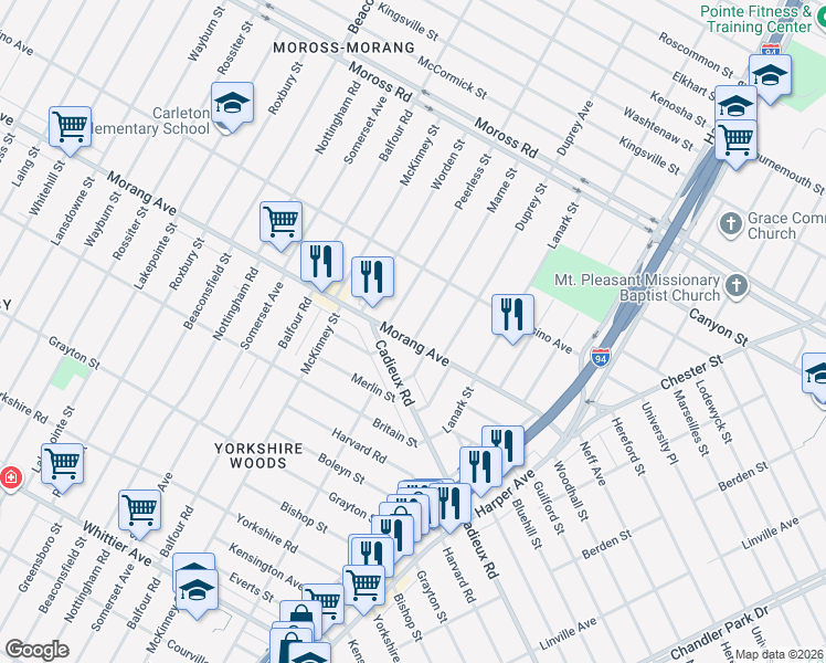 map of restaurants, bars, coffee shops, grocery stores, and more near 10434 Morang Avenue in Detroit