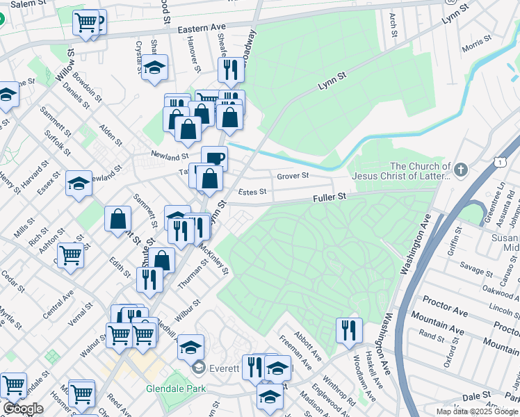 map of restaurants, bars, coffee shops, grocery stores, and more near 49 Fuller Street in Everett