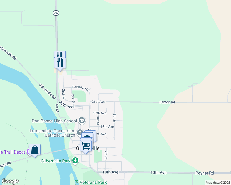 map of restaurants, bars, coffee shops, grocery stores, and more near 626 22nd Avenue in Gilbertville