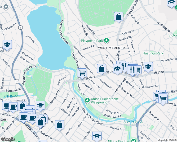 map of restaurants, bars, coffee shops, grocery stores, and more near 26 Pitcher Avenue in Medford