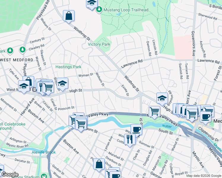 map of restaurants, bars, coffee shops, grocery stores, and more near 283 High Street in Medford