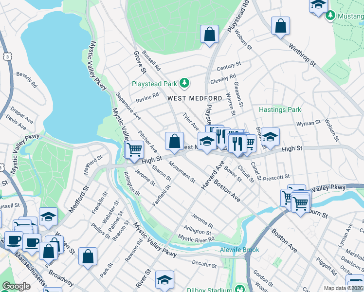 map of restaurants, bars, coffee shops, grocery stores, and more near 7 Sagamore Avenue in Medford
