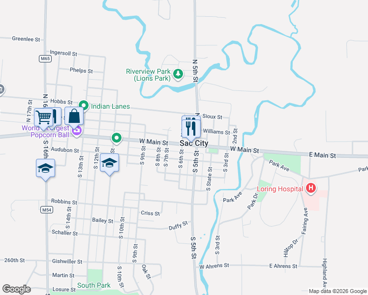 map of restaurants, bars, coffee shops, grocery stores, and more near 101-199 South 6th Street in Sac City