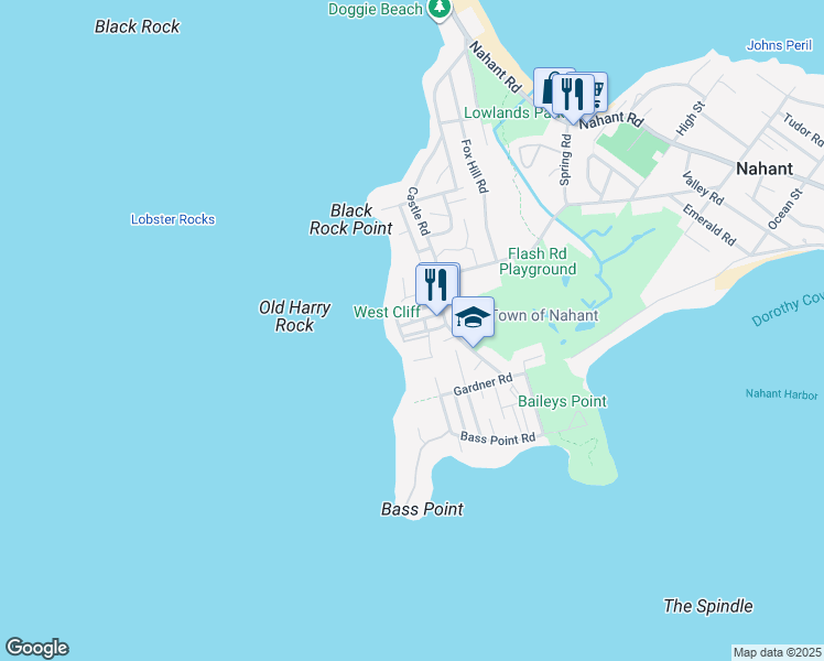 map of restaurants, bars, coffee shops, grocery stores, and more near 1 Range Road in Nahant