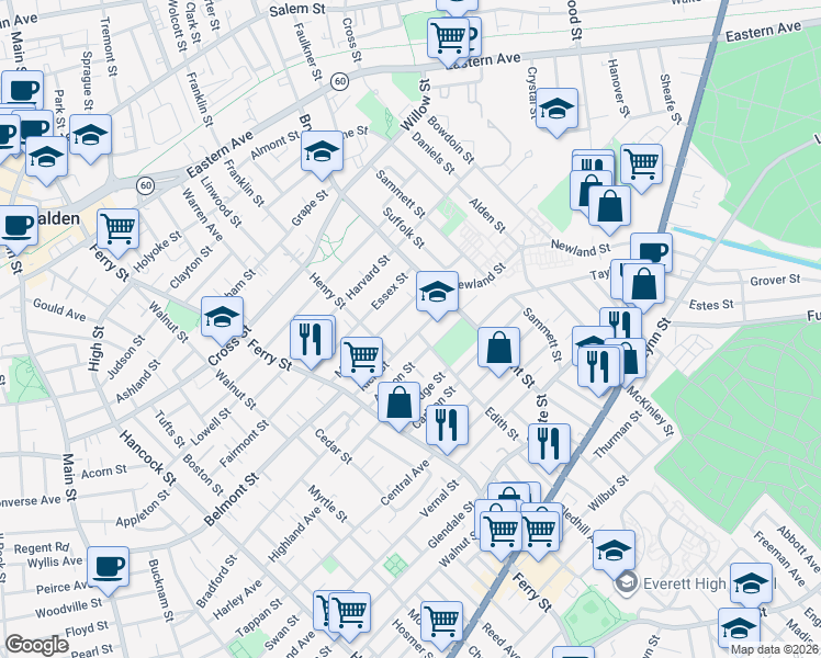 map of restaurants, bars, coffee shops, grocery stores, and more near 69 Rich Street in Everett