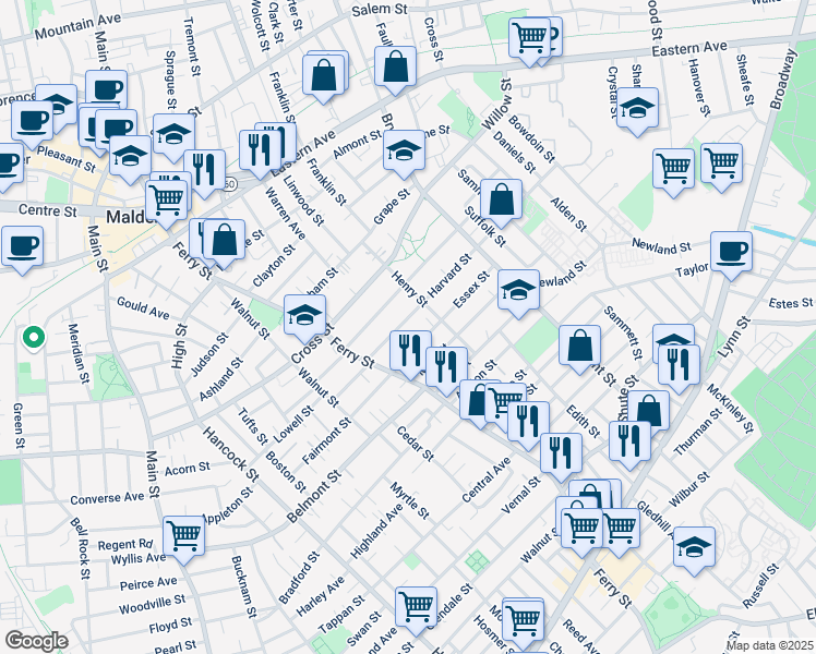 map of restaurants, bars, coffee shops, grocery stores, and more near 56 Essex Street in Malden