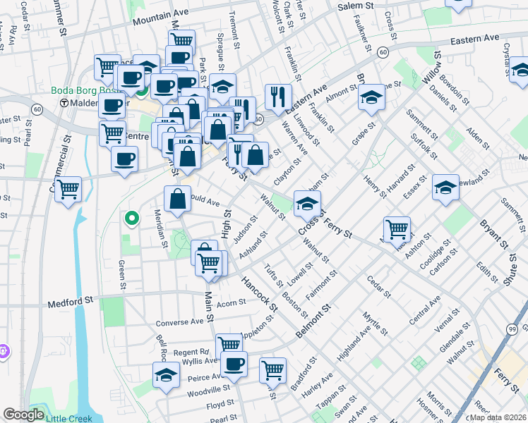 map of restaurants, bars, coffee shops, grocery stores, and more near 26 Judson Street in Malden