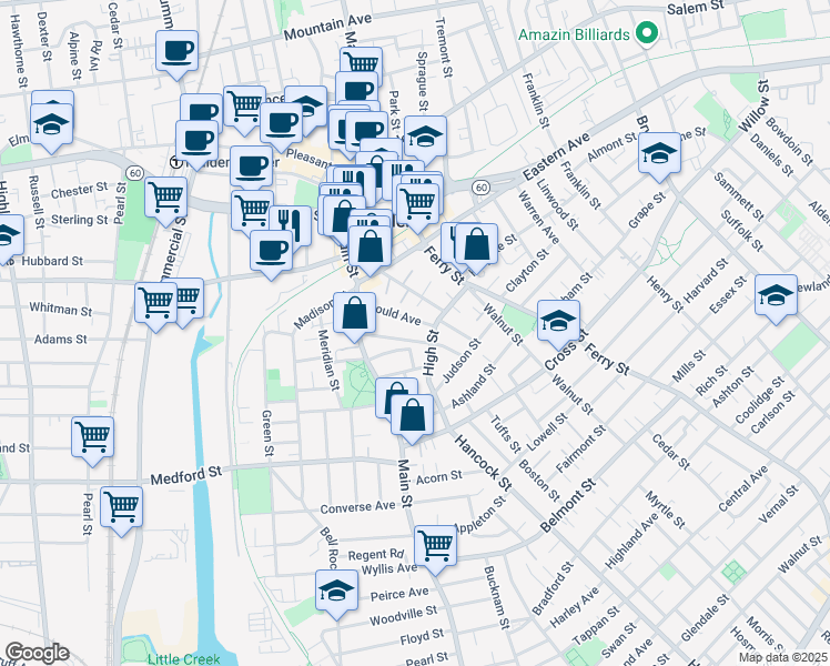 map of restaurants, bars, coffee shops, grocery stores, and more near 30 Barrett Street in Malden