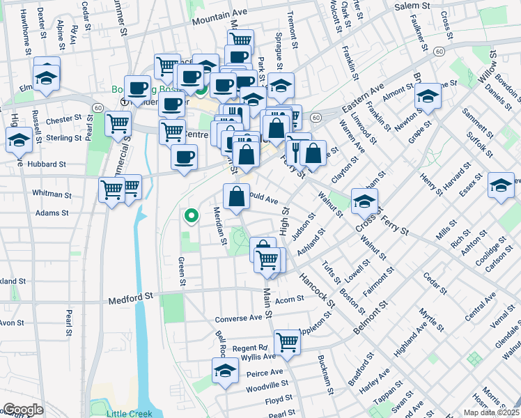 map of restaurants, bars, coffee shops, grocery stores, and more near 30 Barrett Street in Malden
