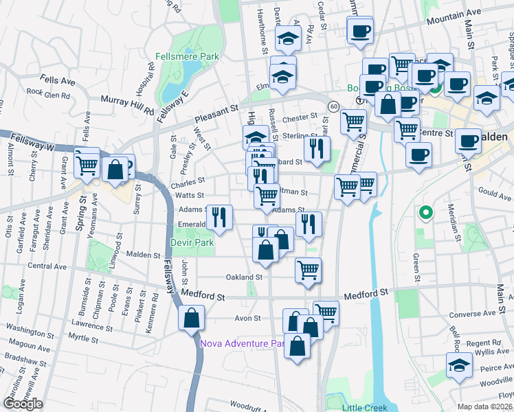 map of restaurants, bars, coffee shops, grocery stores, and more near 238 Highland Avenue in Malden