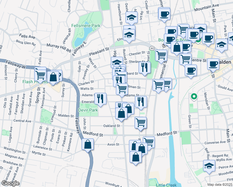 map of restaurants, bars, coffee shops, grocery stores, and more near 238 Highland Avenue in Malden