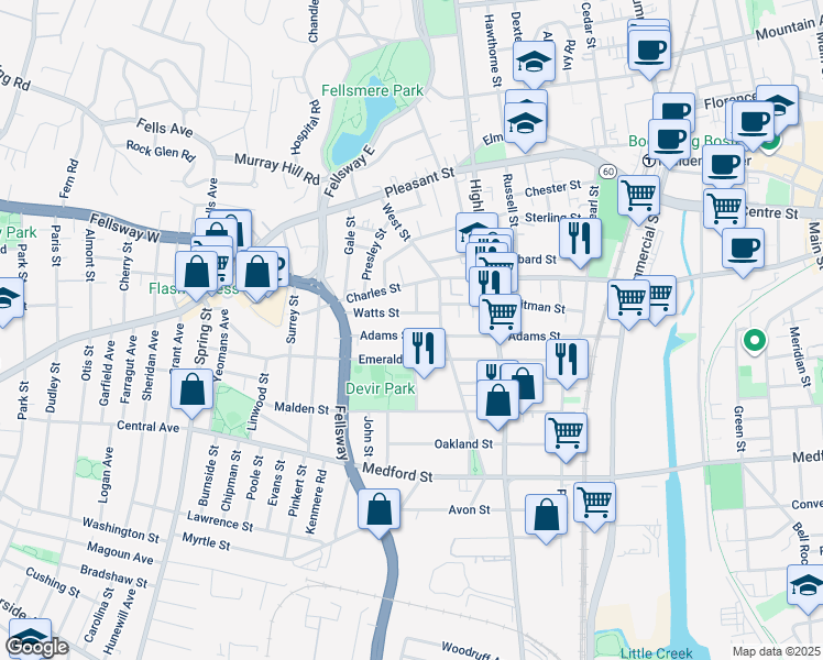 map of restaurants, bars, coffee shops, grocery stores, and more near 166-168 Adams Street in Malden