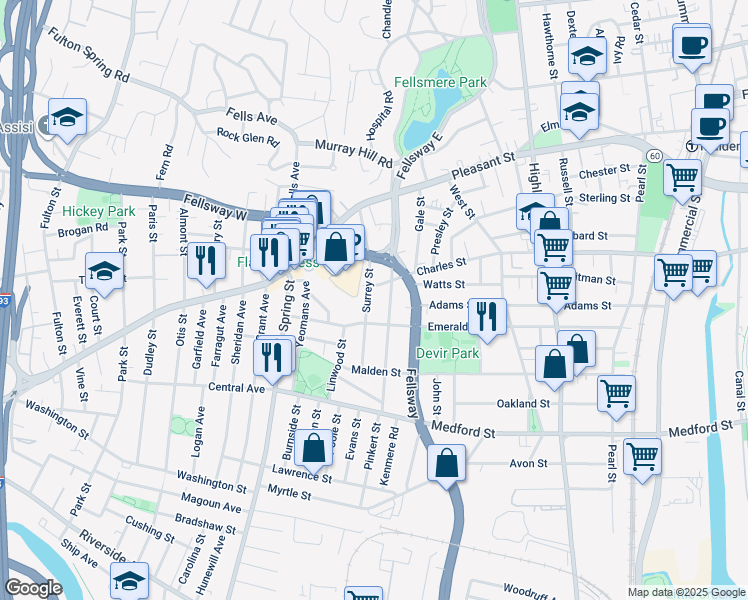 map of restaurants, bars, coffee shops, grocery stores, and more near 107 Surrey Street in Medford