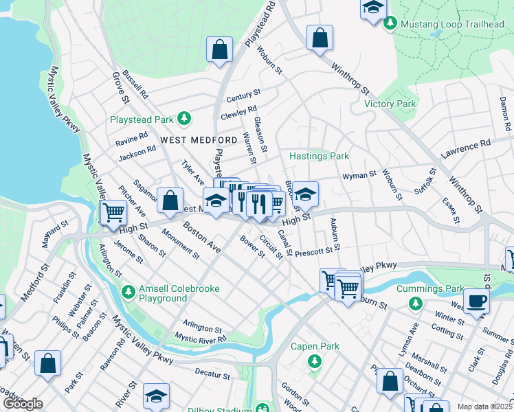 map of restaurants, bars, coffee shops, grocery stores, and more near 481 High Street in Medford