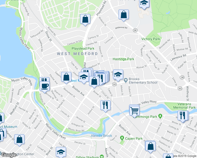 map of restaurants, bars, coffee shops, grocery stores, and more near 481 High Street in Medford