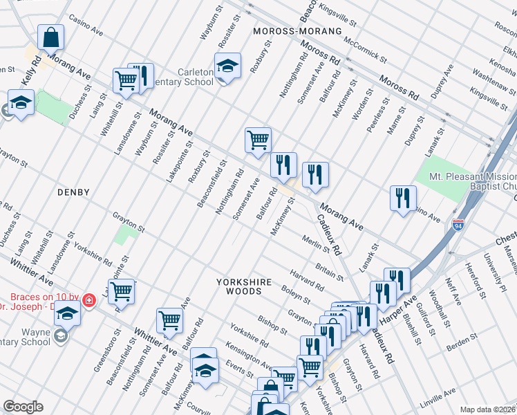 map of restaurants, bars, coffee shops, grocery stores, and more near 10835 Balfour Road in Detroit