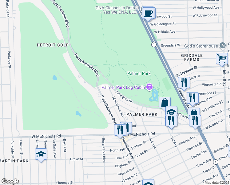 map of restaurants, bars, coffee shops, grocery stores, and more near 17673 Manderson Road in Highland Park