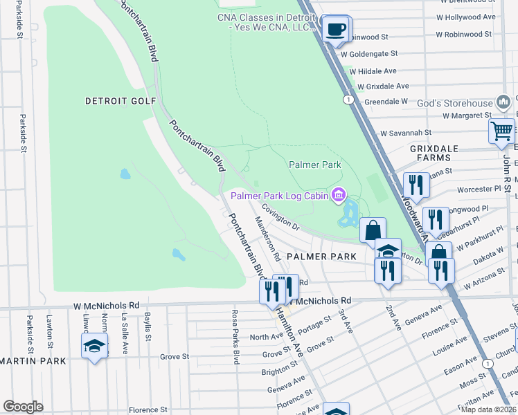 map of restaurants, bars, coffee shops, grocery stores, and more near 17673 Manderson Road in Highland Park