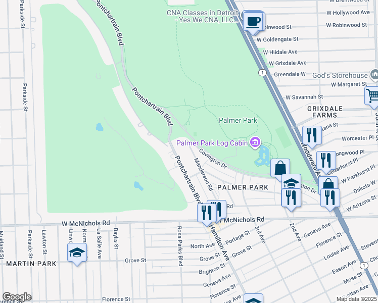 map of restaurants, bars, coffee shops, grocery stores, and more near 17673 Manderson Road in Highland Park