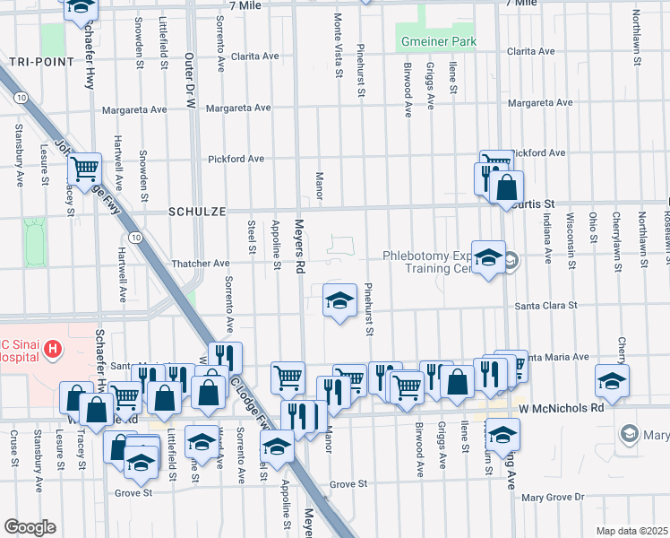 map of restaurants, bars, coffee shops, grocery stores, and more near 18000 Meyers Road in Detroit
