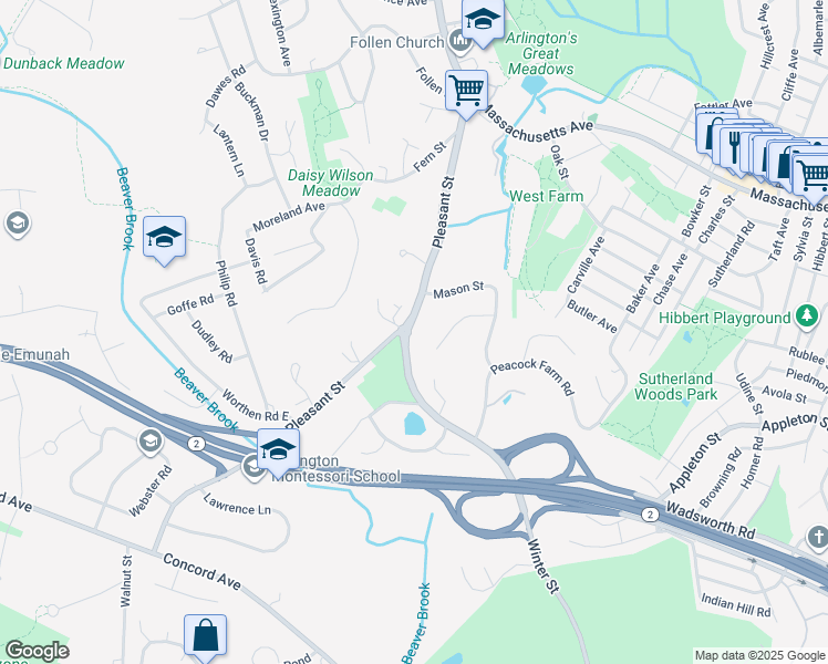 map of restaurants, bars, coffee shops, grocery stores, and more near 2 Watertown Street in Lexington
