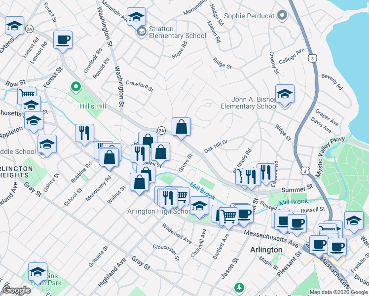 map of restaurants, bars, coffee shops, grocery stores, and more near 70 Grove Street in Arlington