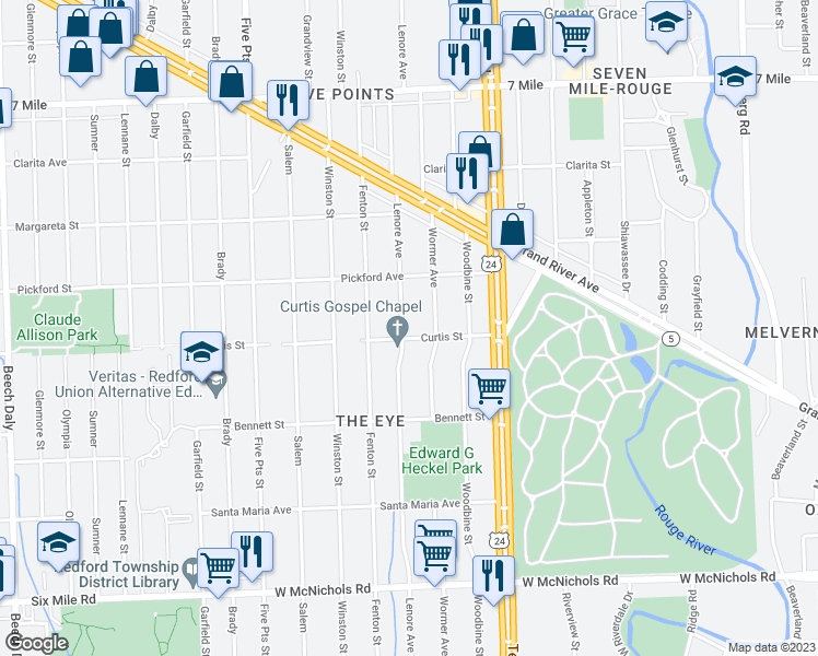 map of restaurants, bars, coffee shops, grocery stores, and more near 18212 Lenore Avenue in Detroit