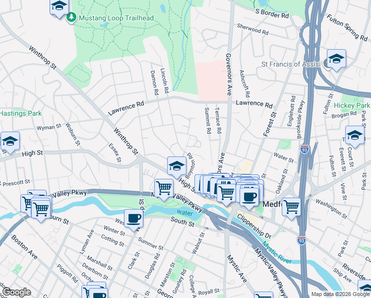 map of restaurants, bars, coffee shops, grocery stores, and more near 59 Boynton Road in Medford