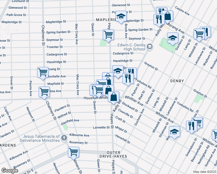 map of restaurants, bars, coffee shops, grocery stores, and more near 12339 Hayes Street in Detroit