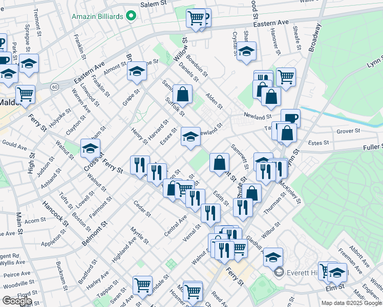 map of restaurants, bars, coffee shops, grocery stores, and more near 117 Edith Street in Everett