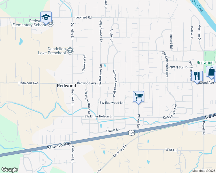 map of restaurants, bars, coffee shops, grocery stores, and more near 1512 Southwest Yucca Drive in Grants Pass