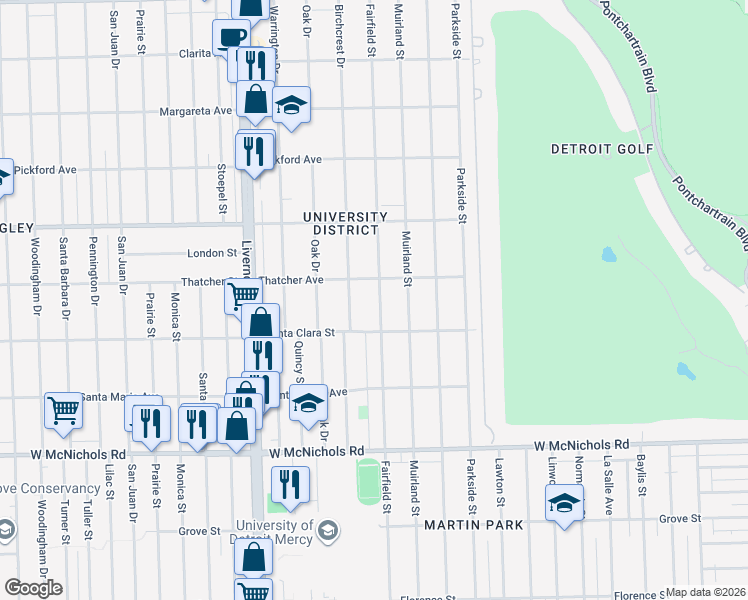 map of restaurants, bars, coffee shops, grocery stores, and more near 17537 Fairfield Street in Detroit