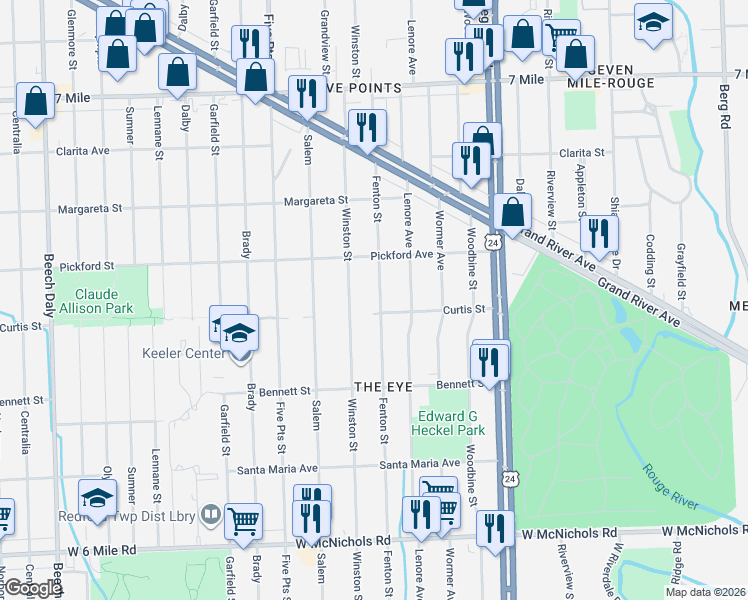 map of restaurants, bars, coffee shops, grocery stores, and more near 17755 Fenton Street in Detroit