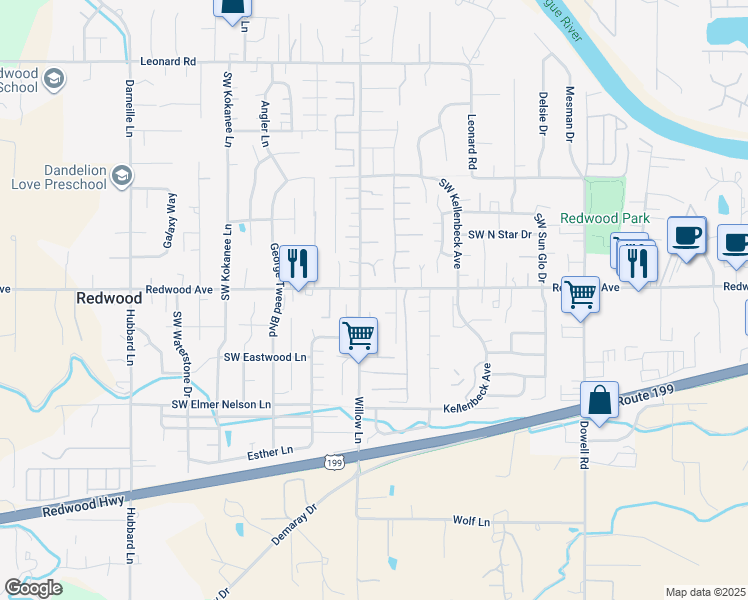 map of restaurants, bars, coffee shops, grocery stores, and more near 1537 Willow Lane in Grants Pass