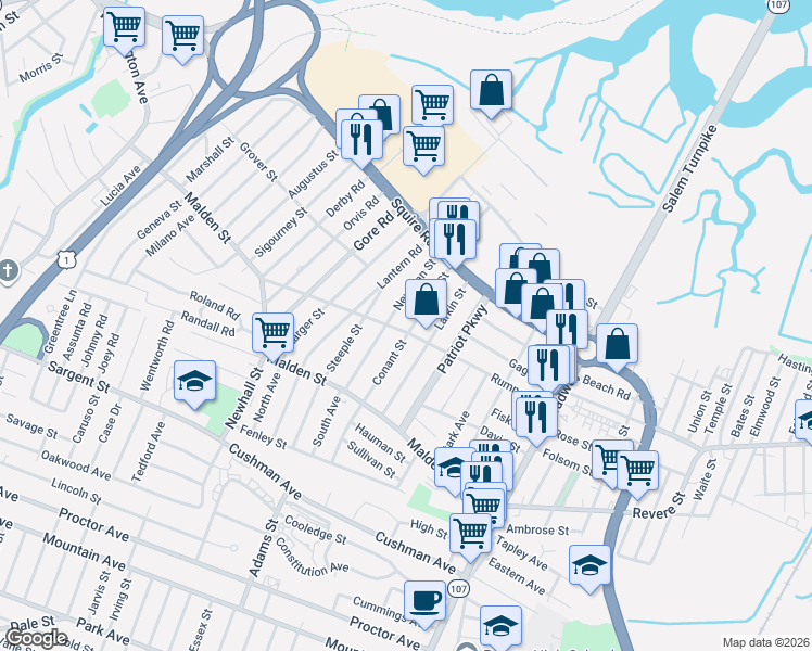 map of restaurants, bars, coffee shops, grocery stores, and more near 164 Rumney Road in Revere