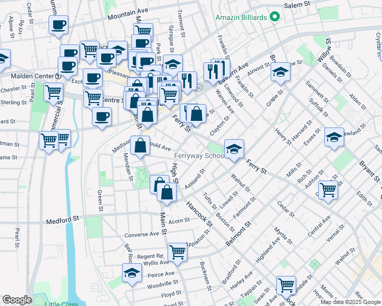 map of restaurants, bars, coffee shops, grocery stores, and more near 26 Judson Street in Malden