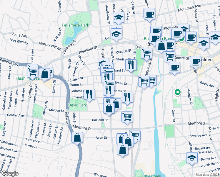map of restaurants, bars, coffee shops, grocery stores, and more near 238 Highland Avenue in Malden