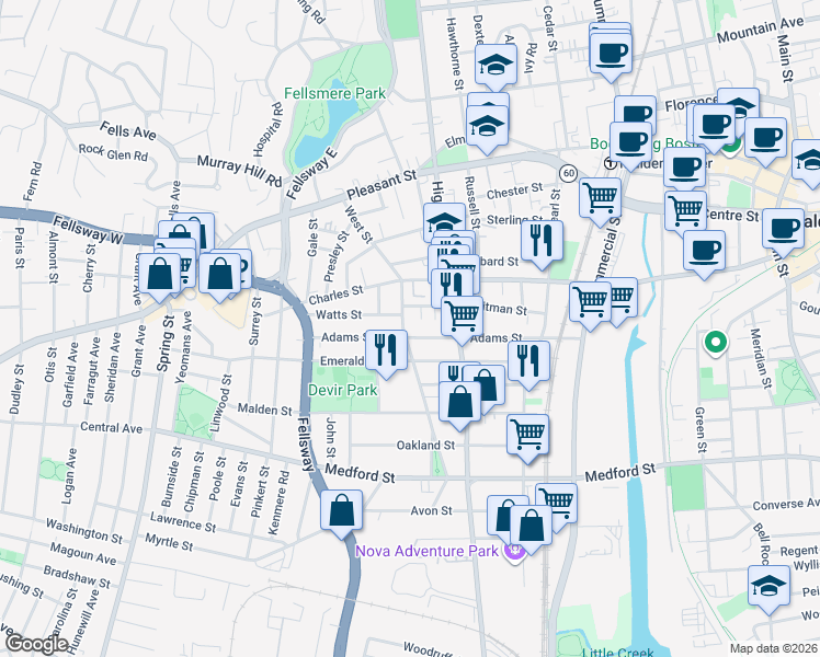 map of restaurants, bars, coffee shops, grocery stores, and more near 140 West Street in Malden