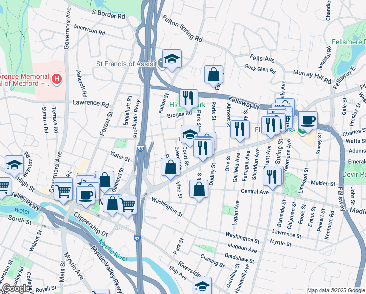 map of restaurants, bars, coffee shops, grocery stores, and more near 24 Court Street in Medford