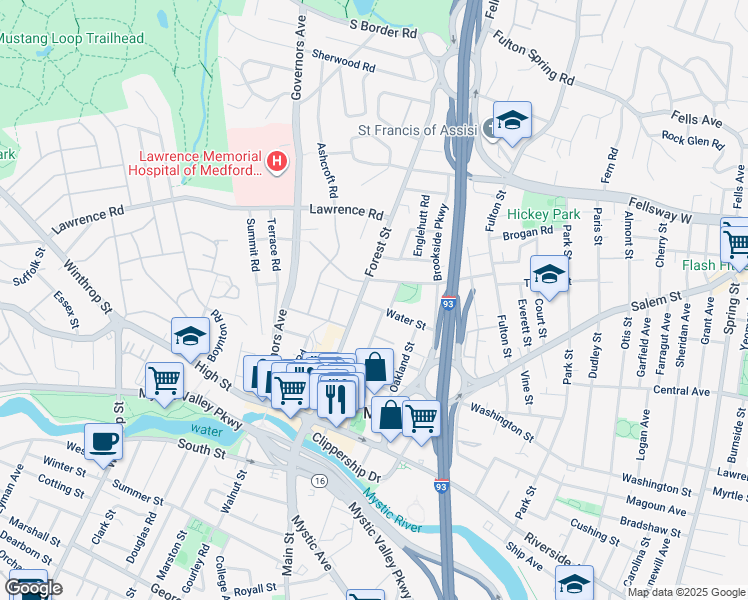 map of restaurants, bars, coffee shops, grocery stores, and more near 87 Forest Street in Medford