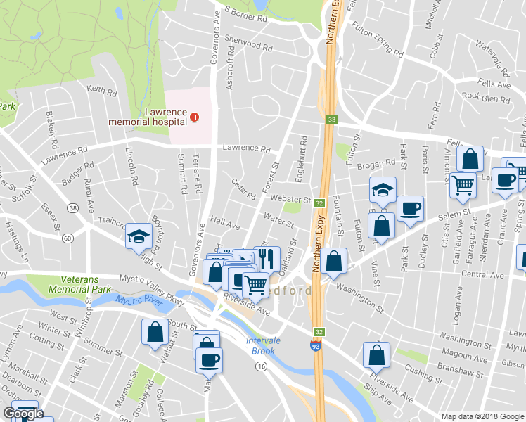map of restaurants, bars, coffee shops, grocery stores, and more near 87 Forest Street in Medford