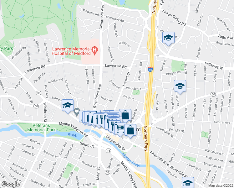 map of restaurants, bars, coffee shops, grocery stores, and more near 87 Forest Street in Medford