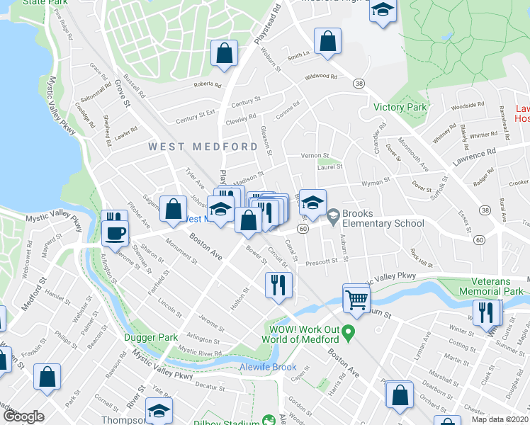 map of restaurants, bars, coffee shops, grocery stores, and more near 468 High Street in Medford
