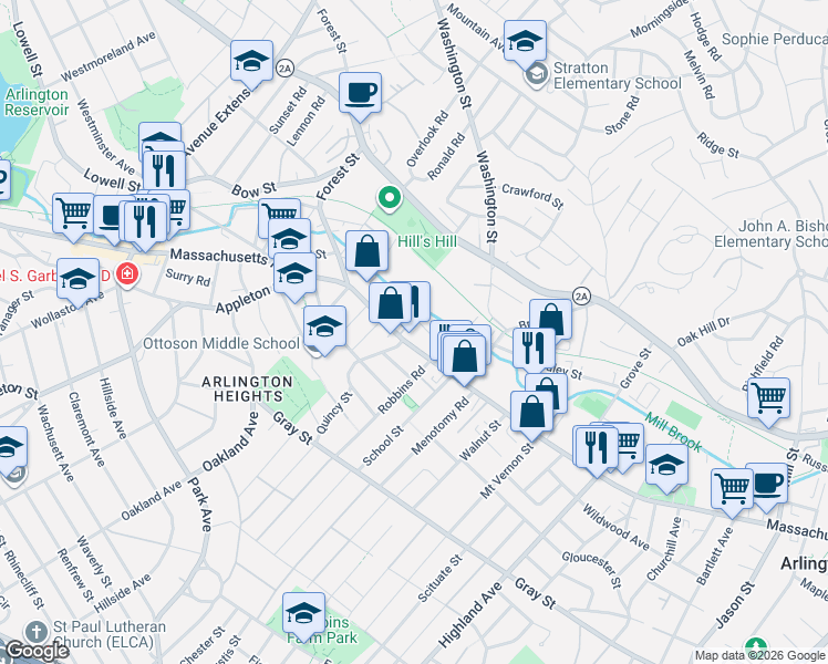 map of restaurants, bars, coffee shops, grocery stores, and more near 1098 Massachusetts Avenue in Arlington